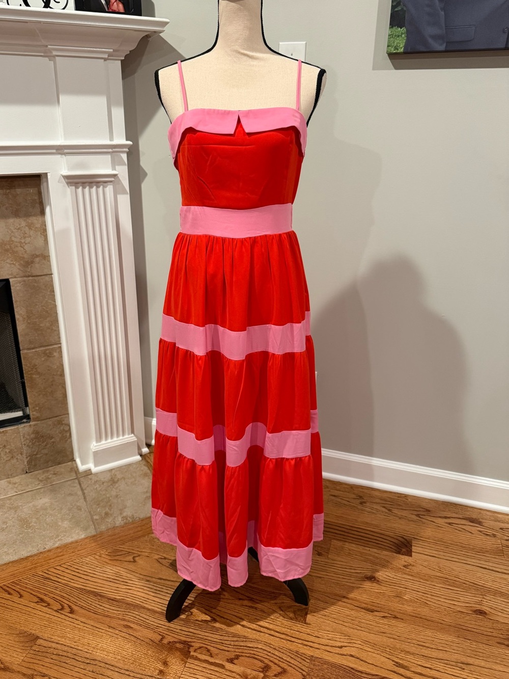 Red and Pink Spaghetti-Strap Tiered Maxi Dress